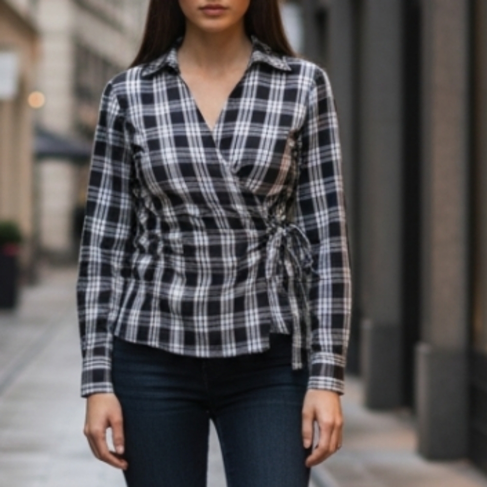Talbots Petite Black & White Long Sleeve Plaid Blouse Size 4P